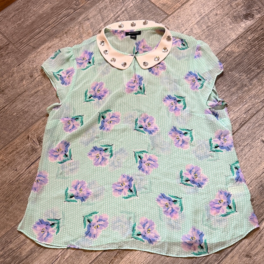 I Heart Ronson Mint Green Sheer Floral Blouse with Embellished Collar
